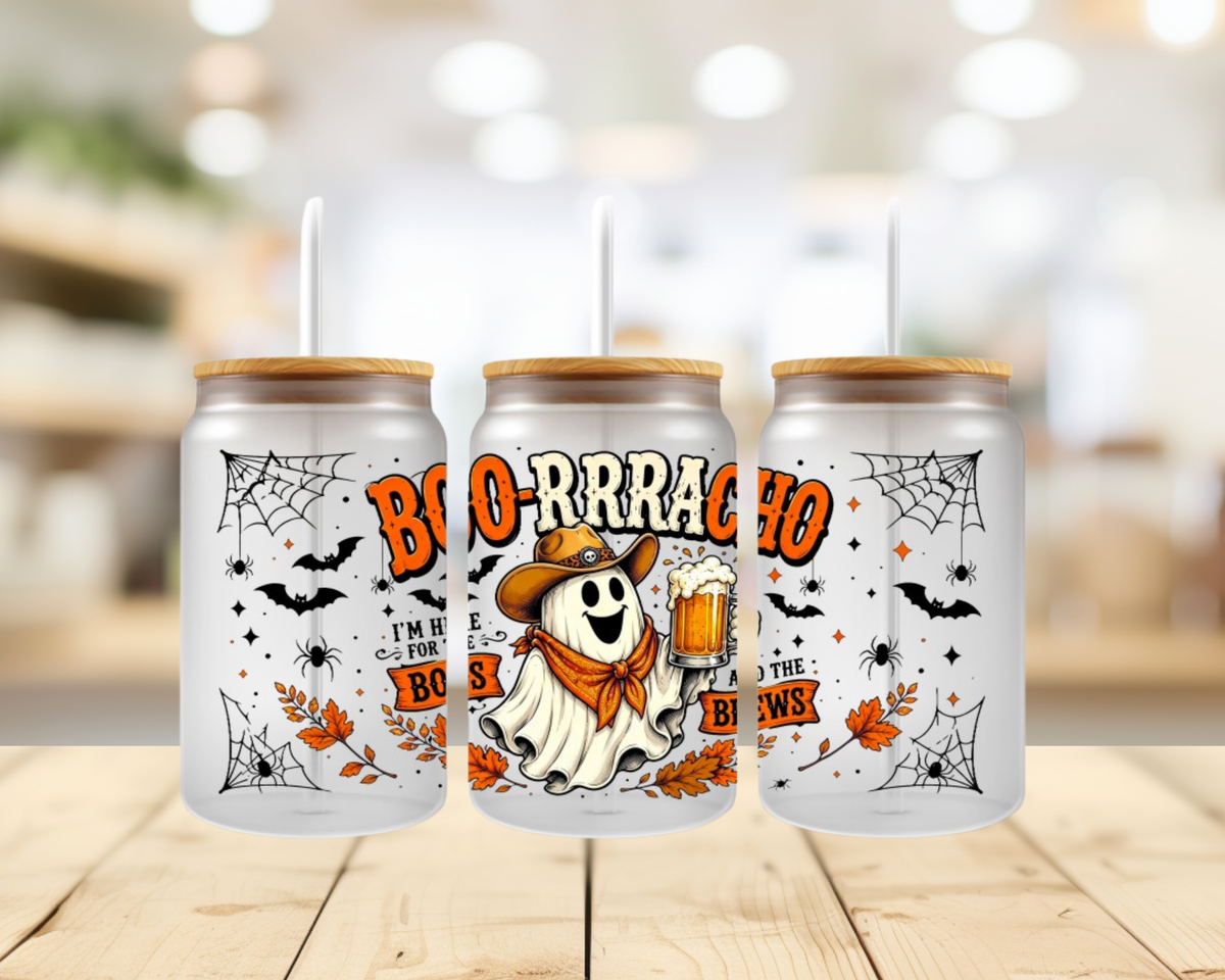 Boo-Rrrracho Ghost UV DTF Wrap – 16oz Glass Can Funny Halloween Transfer (Wrap Only)