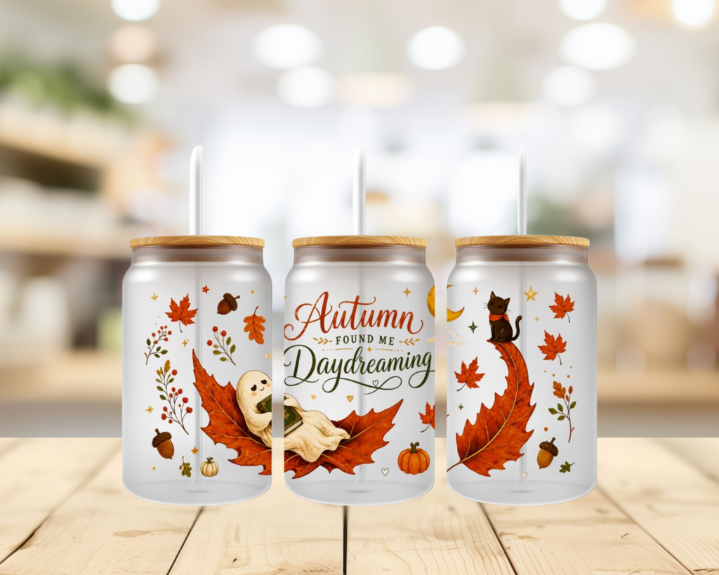 Autumn Found Me Daydreaming UV DTF Wrap – 16oz Glass Can Fall Ghost Transfer (Wrap Only)