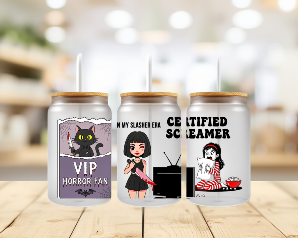 Certified Screamer Horror Fan UV DTF Wrap – 16oz Glass Can Spooky Movie Transfer (Wrap Only)