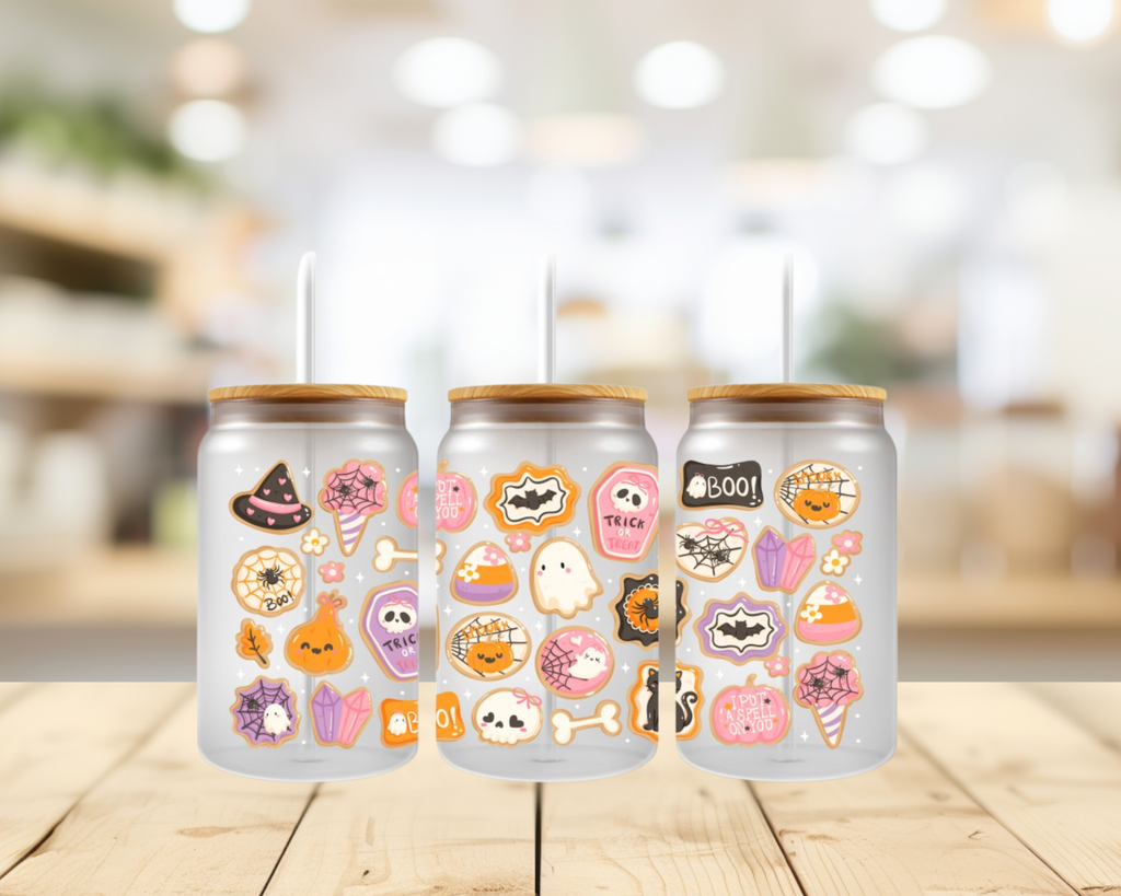 Cute Halloween Cookies UV DTF Wrap – 16oz Glass Can Pink Spooky Transfer (Wrap Only)