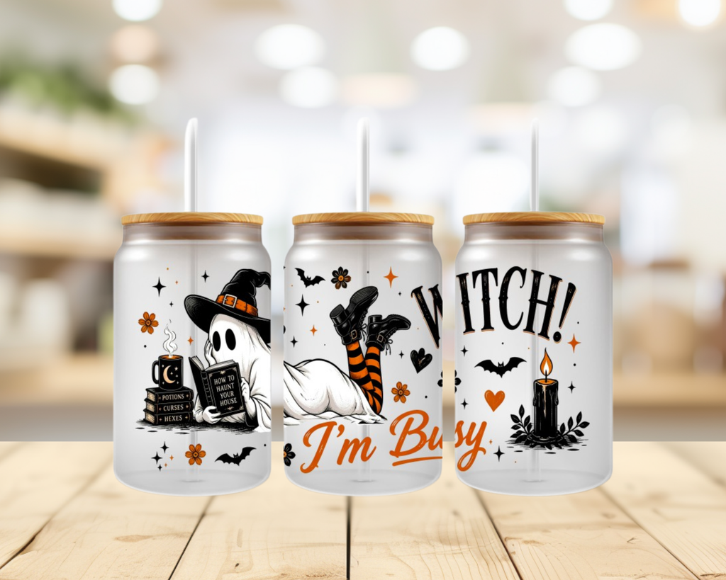 Witch I’m Busy UV DTF Wrap – 16oz Glass Can Bookish Halloween Transfer (Wrap Only)