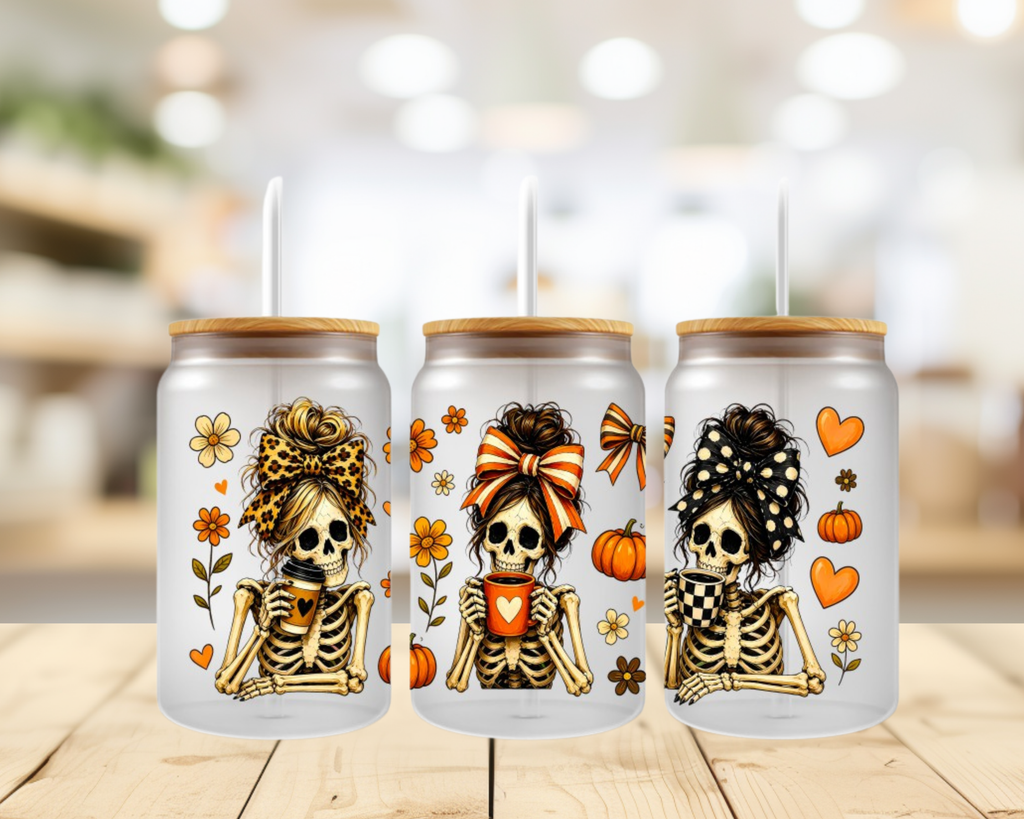 Fall Skeleton Coffee UV DTF Wrap – 16oz Glass Can Cute Spooky Autumn Transfer (Wrap Only)