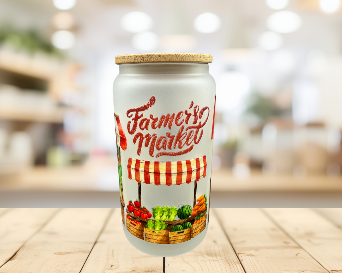 Farmers Market Frosted Glass Tumbler – 16 oz Farm Fresh Cup – Apple Pie & Produce Design – Fall Glass Can Cup – Original Design
