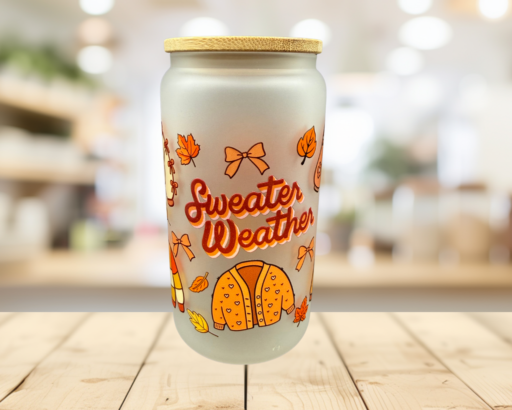 Sweater Weather Frosted Glass Tumbler – 16 oz Fall Cup – Cozy Autumn Sweater Glass Can – Orange Fall Drinkware – Original Design