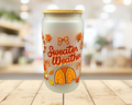 Sweater Weather Frosted Glass Tumbler – 16 oz Fall Cup – Cozy Autumn Sweater Glass Can – Orange Fall Drinkware – Original Design