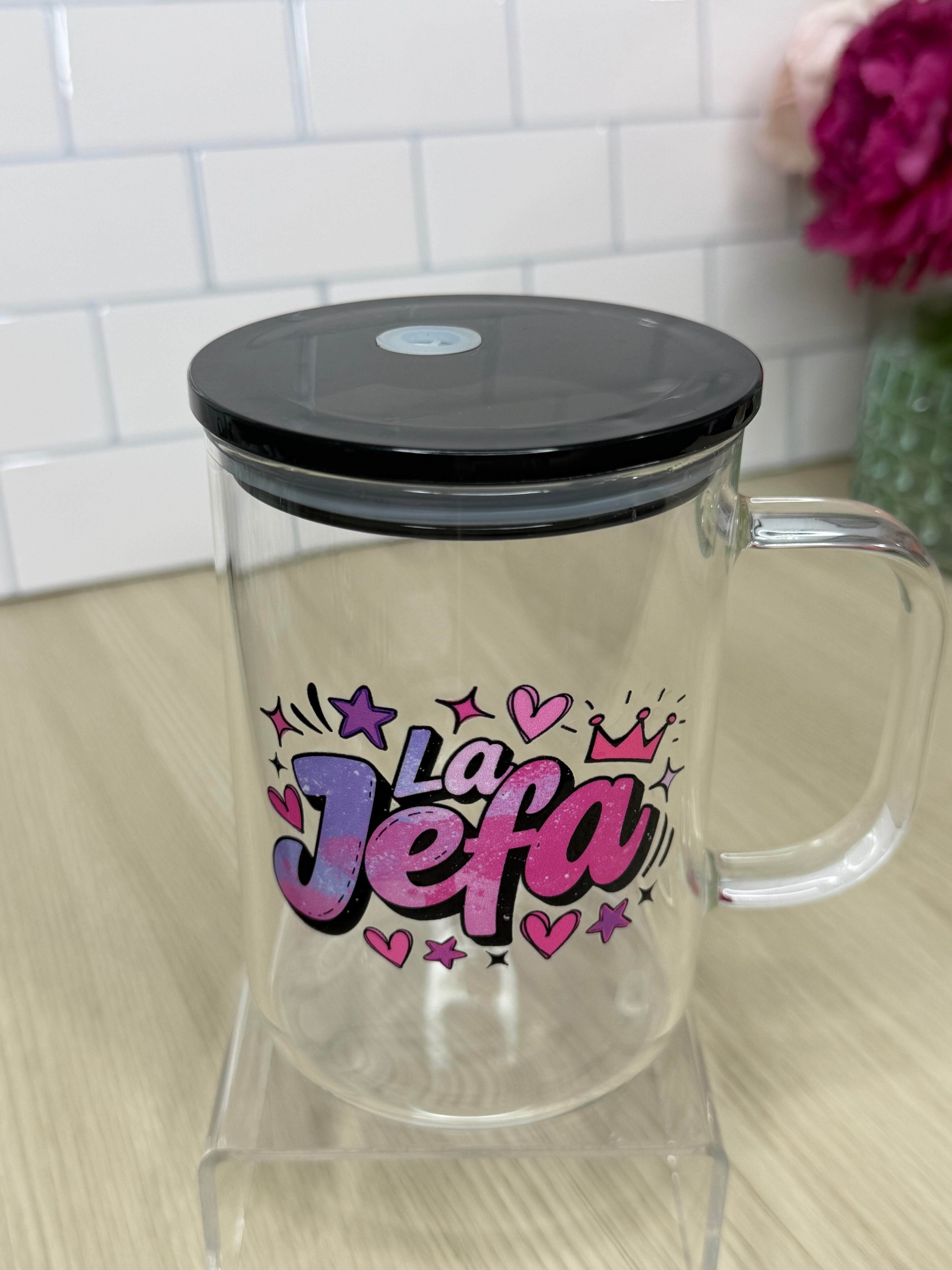 La Jefa & Boss Lady Clear Mugs – 11.5×9.5×14 cm | Black Lid | Exclusive Designs