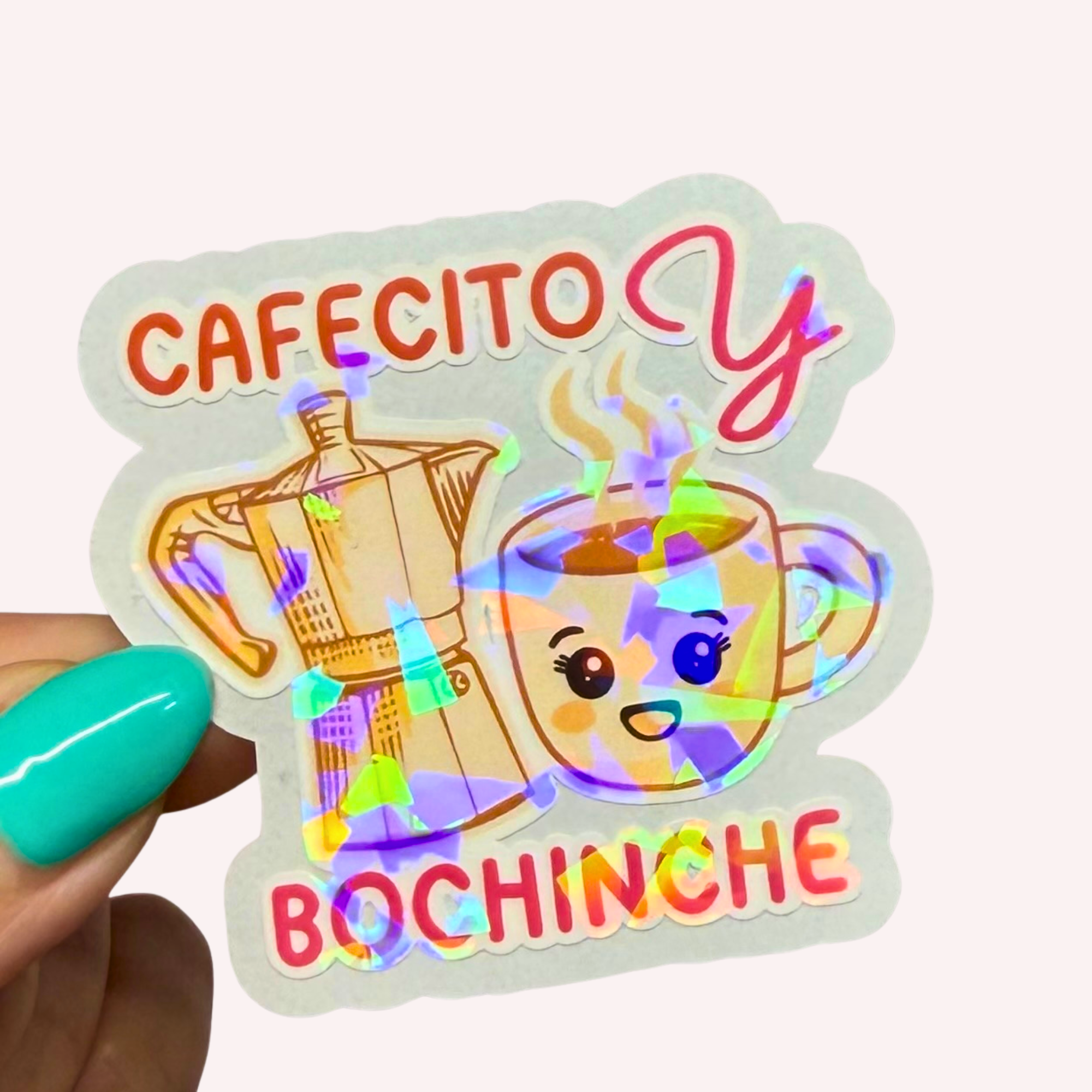 Cafecito y Bochinche Sticker | Puerto Rican Holographic Vinyl Sticker | Water-resistant Boricua Decal | Funny Latina Sticker