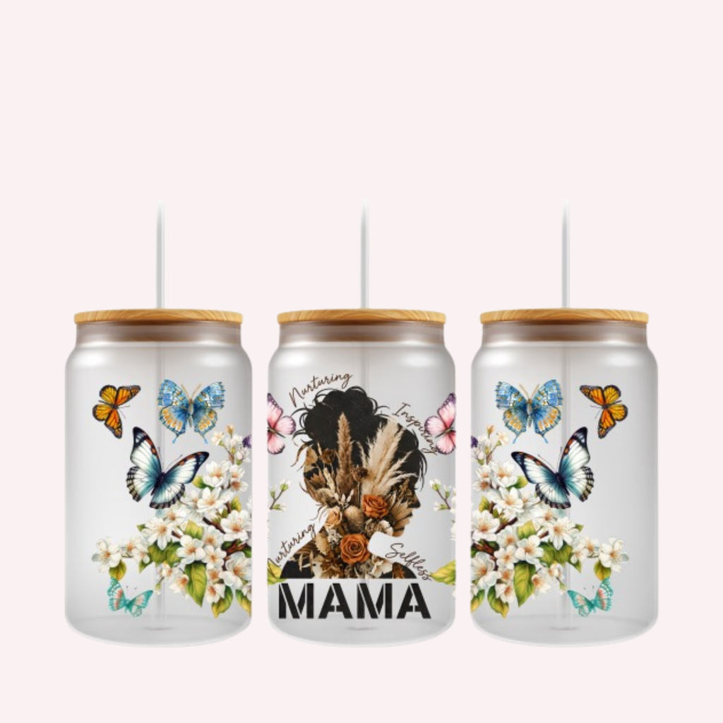 MAMA Cup Wrap | Butterfly & Floral Design | Mother’s Day Gift | 16 oz Libbey Glass Wrap