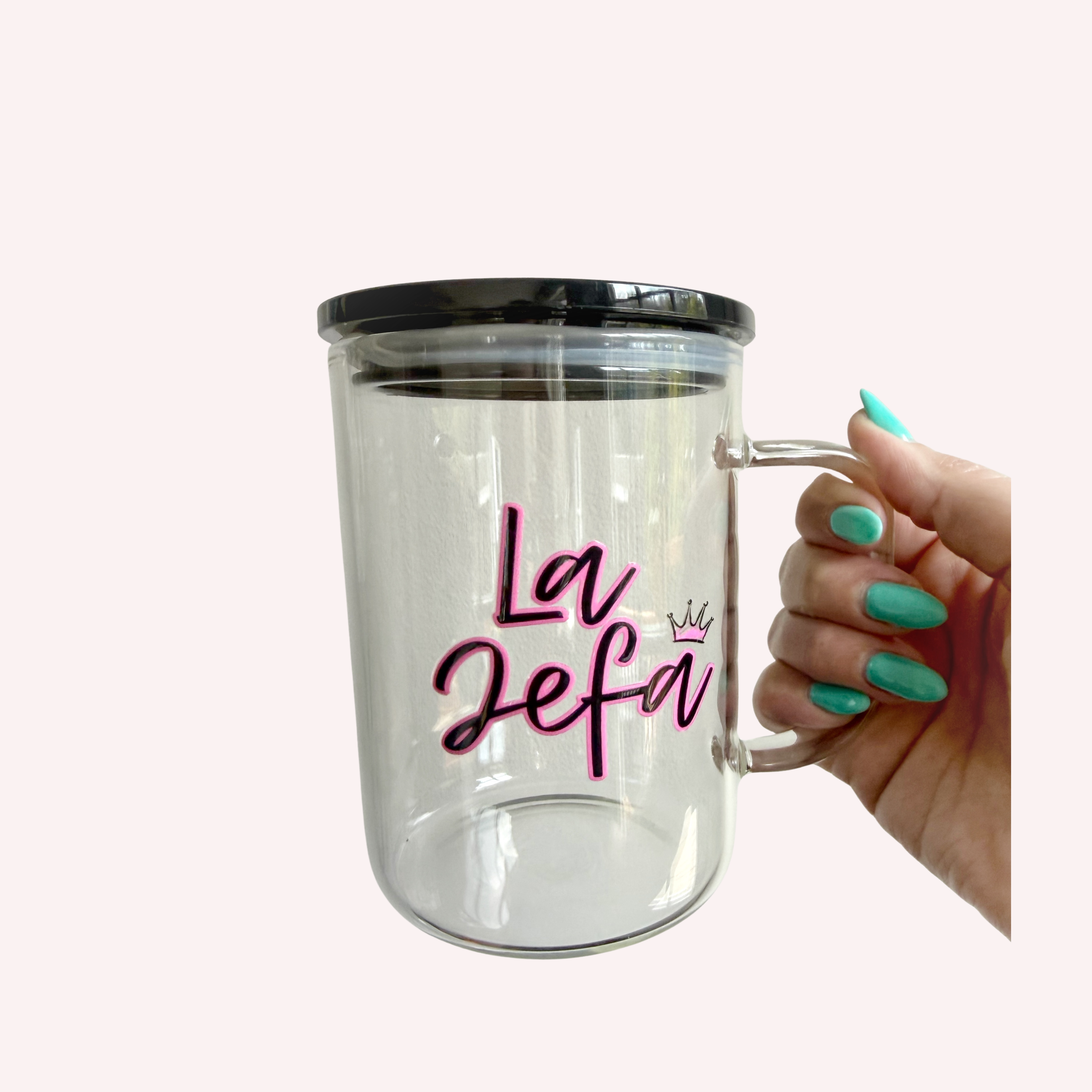 La Jefa & Boss Lady Clear Mugs – 11.5×9.5×14 cm | Black Lid | Exclusive Designs