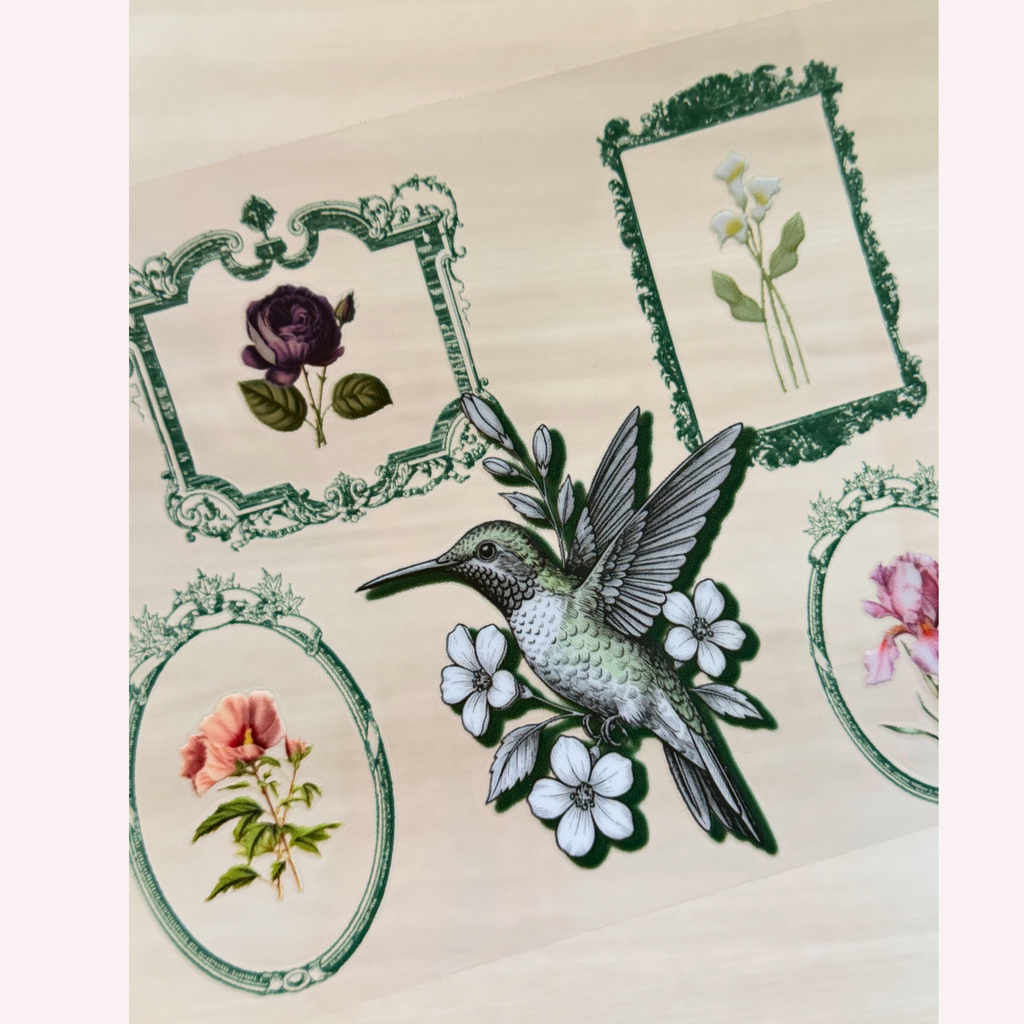 Vintage Hummingbird Floral Frame UVDTF Wrap – Elegant Botanical Cup Wrap, wrap only