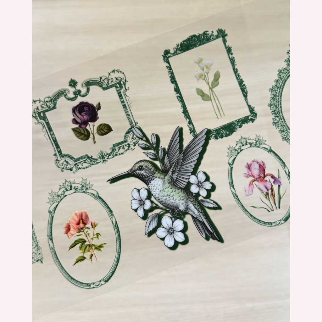 Vintage Hummingbird Floral Frame UVDTF Wrap – Elegant Botanical Cup Wrap, wrap only
