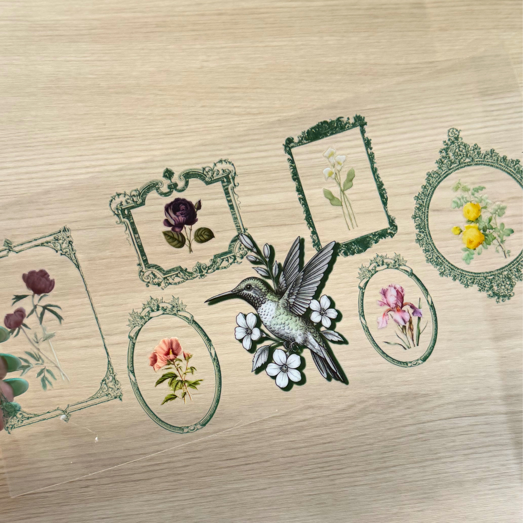Vintage Hummingbird Floral Frame UVDTF Wrap – Elegant Botanical Cup Wrap, wrap only