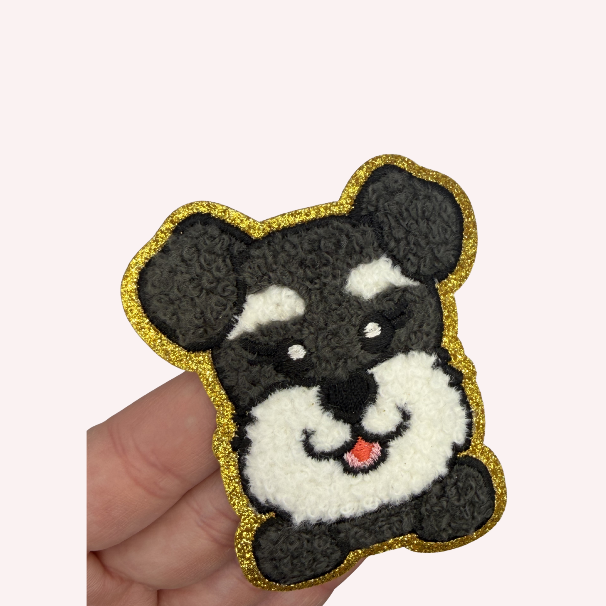 Cute Puppy Iron-On Patch – Black & White Dog with Gold Glitter Border (2”)