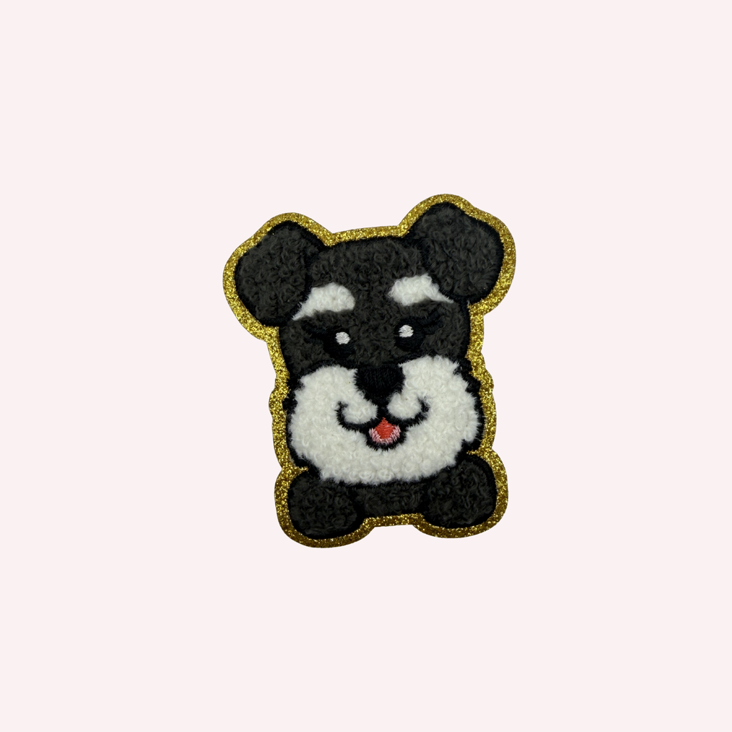 Cute Puppy Iron-On Patch – Black & White Dog with Gold Glitter Border (2”)