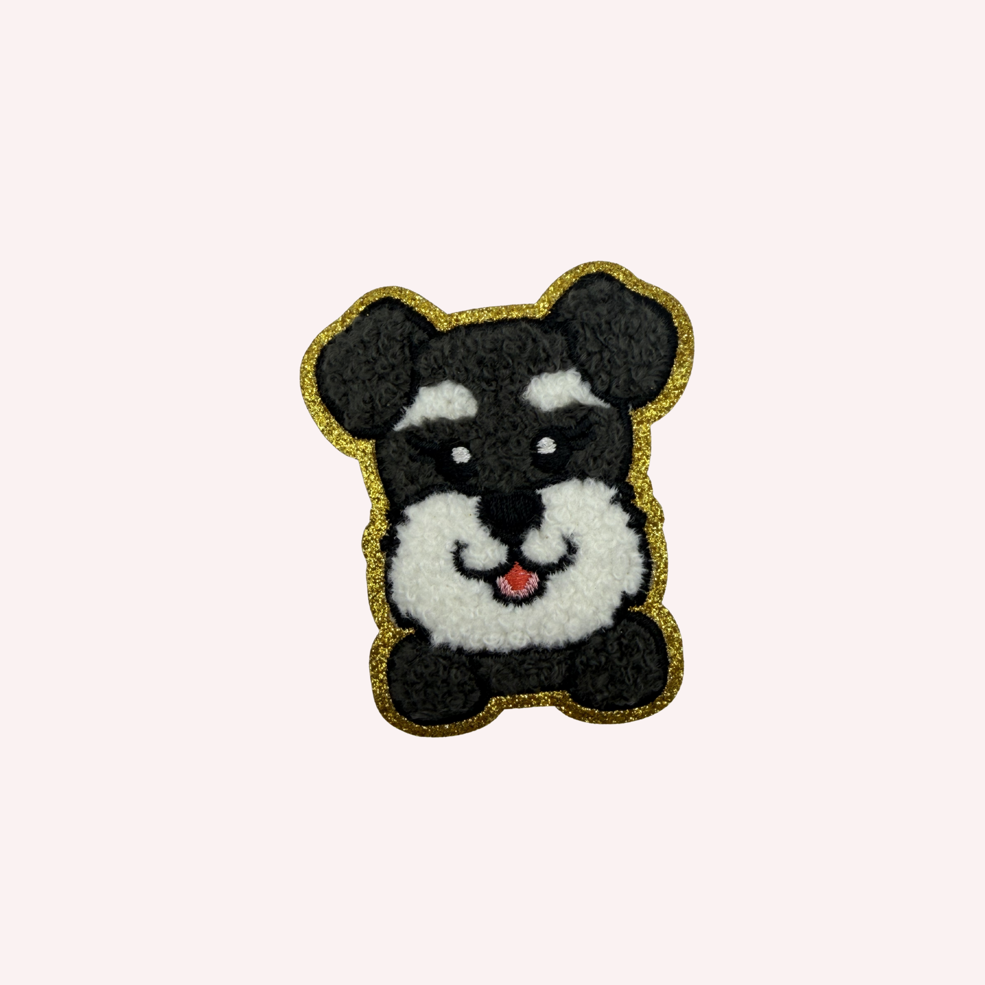 Cute Puppy Iron-On Patch – Black & White Dog with Gold Glitter Border (2”)