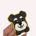 Cute Puppy Iron-On Patch – Black & White Dog with Gold Glitter Border (2”)