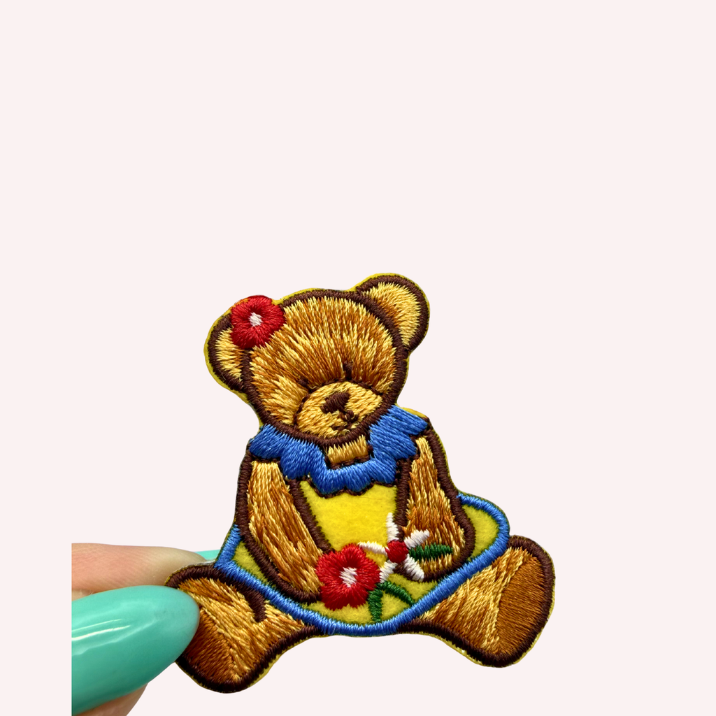 Blue & Yellow Floral Dress Teddy Bear Iron-On Patch