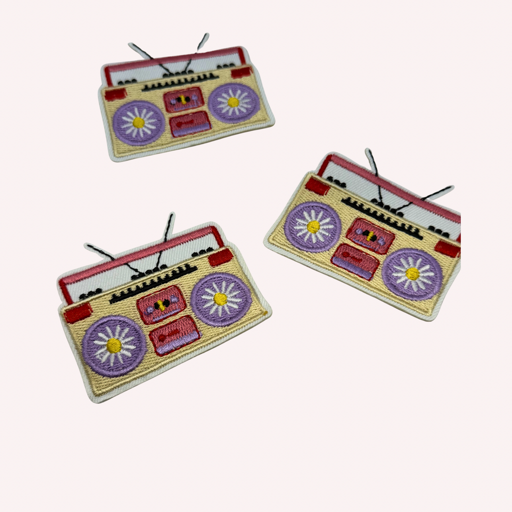 Girly Boom Box Radio with Daisies Iron-On Embroidered Patch
