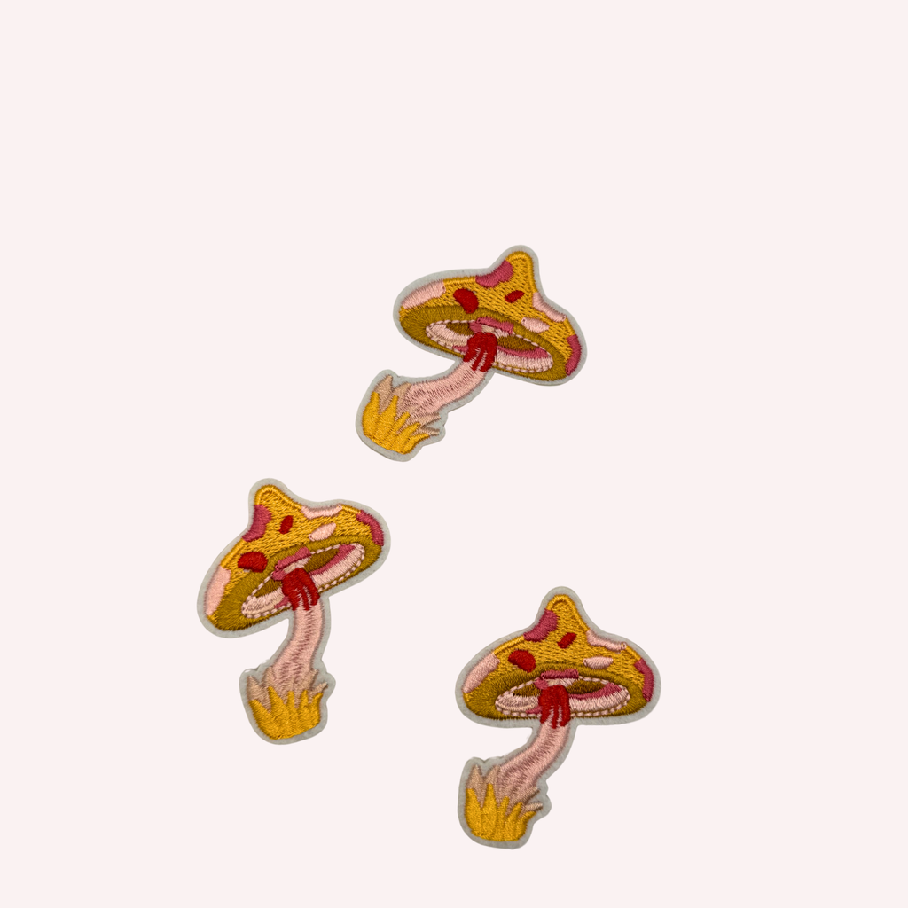 Vibrant Mustard & Pink Mushroom Iron-On Embroidered Patch