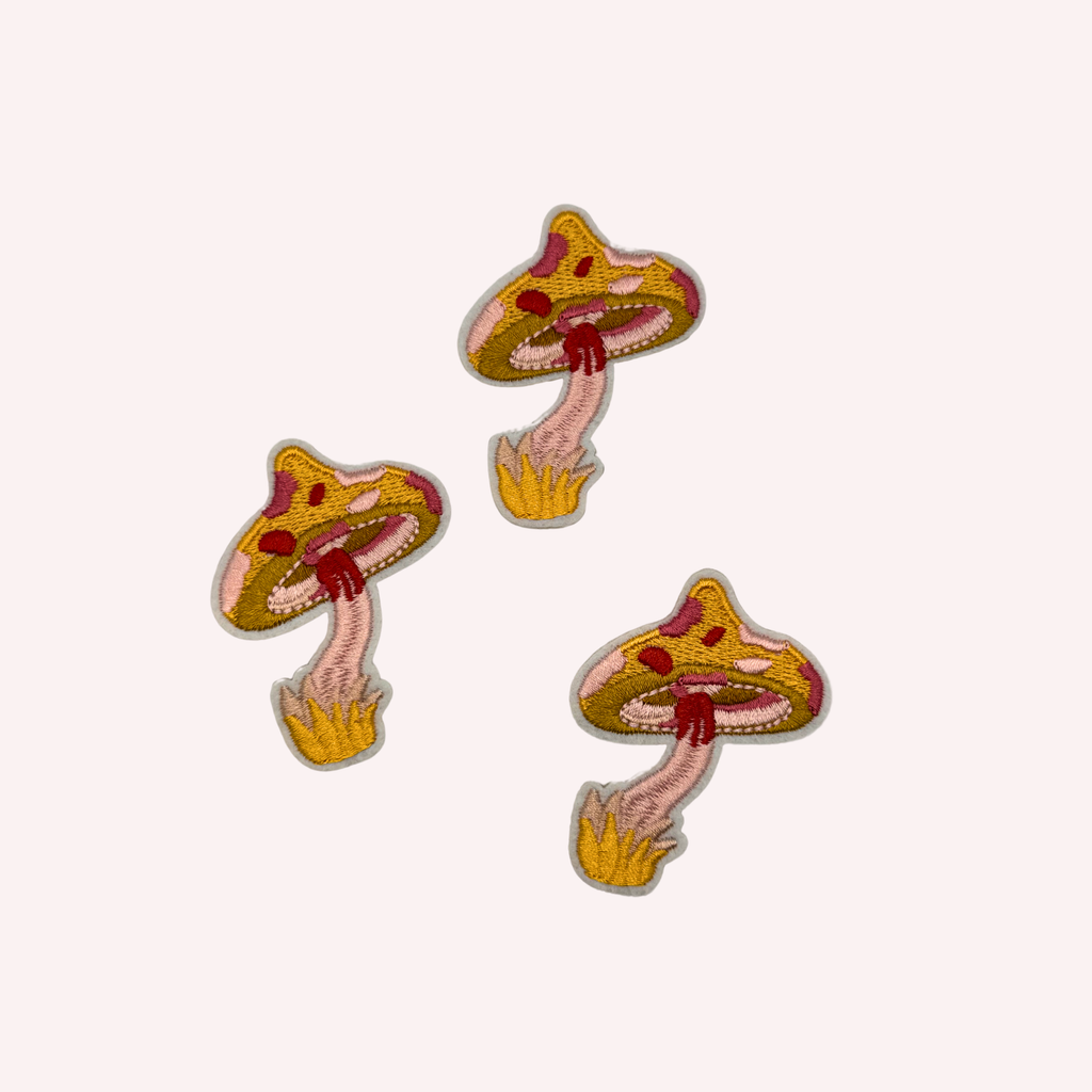 Vibrant Mustard & Pink Mushroom Iron-On Embroidered Patch