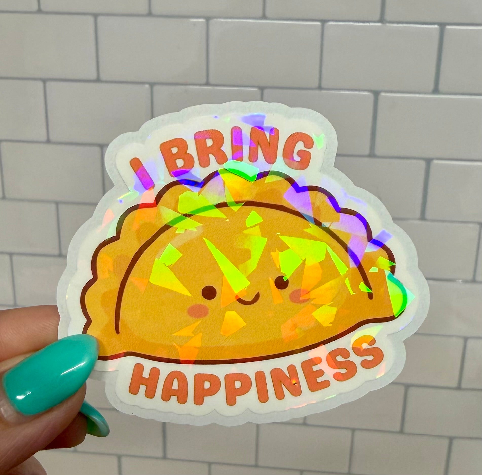 Empanada Sticker | I Bring Happiness Holographic Vinyl Sticker | Funny Food Water-resistant Decal | Latina Culture Sticker