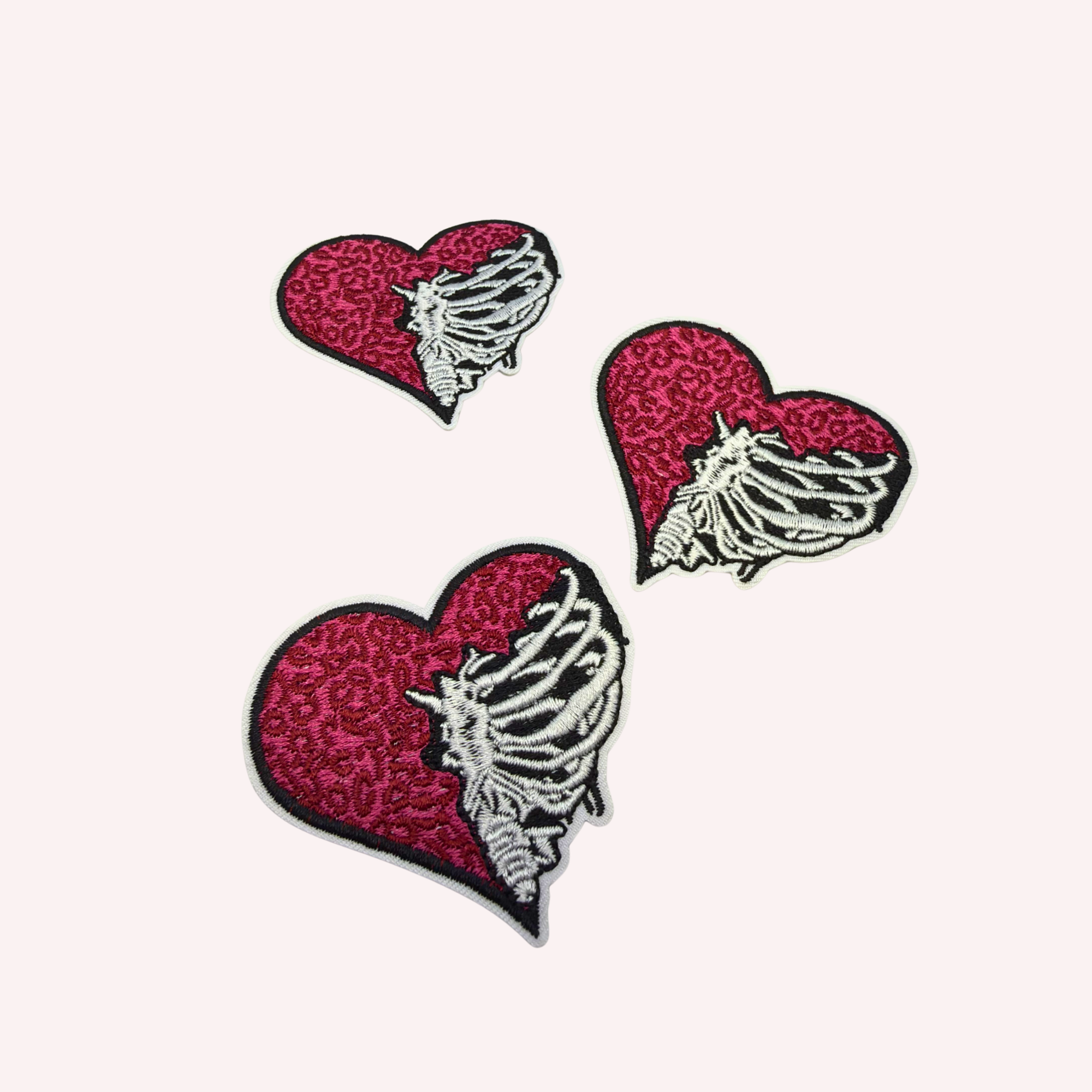 Half Leopard Half Skeleton Heart Embroidered Patch | Pink Animal Print Heart Iron-On Patch | Edgy Gothic Cute Applique | 3 Inch Statement Patch