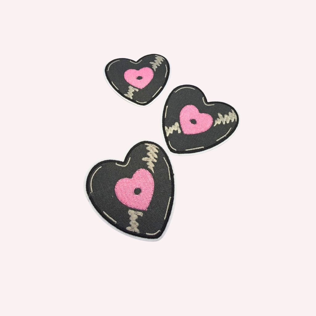 Heart Vinyl Record Embroidered Patch | Pink Heart Center Iron-On Patch | Cute Retro Aesthetic Music Patch | 3 Inch Love Music Applique