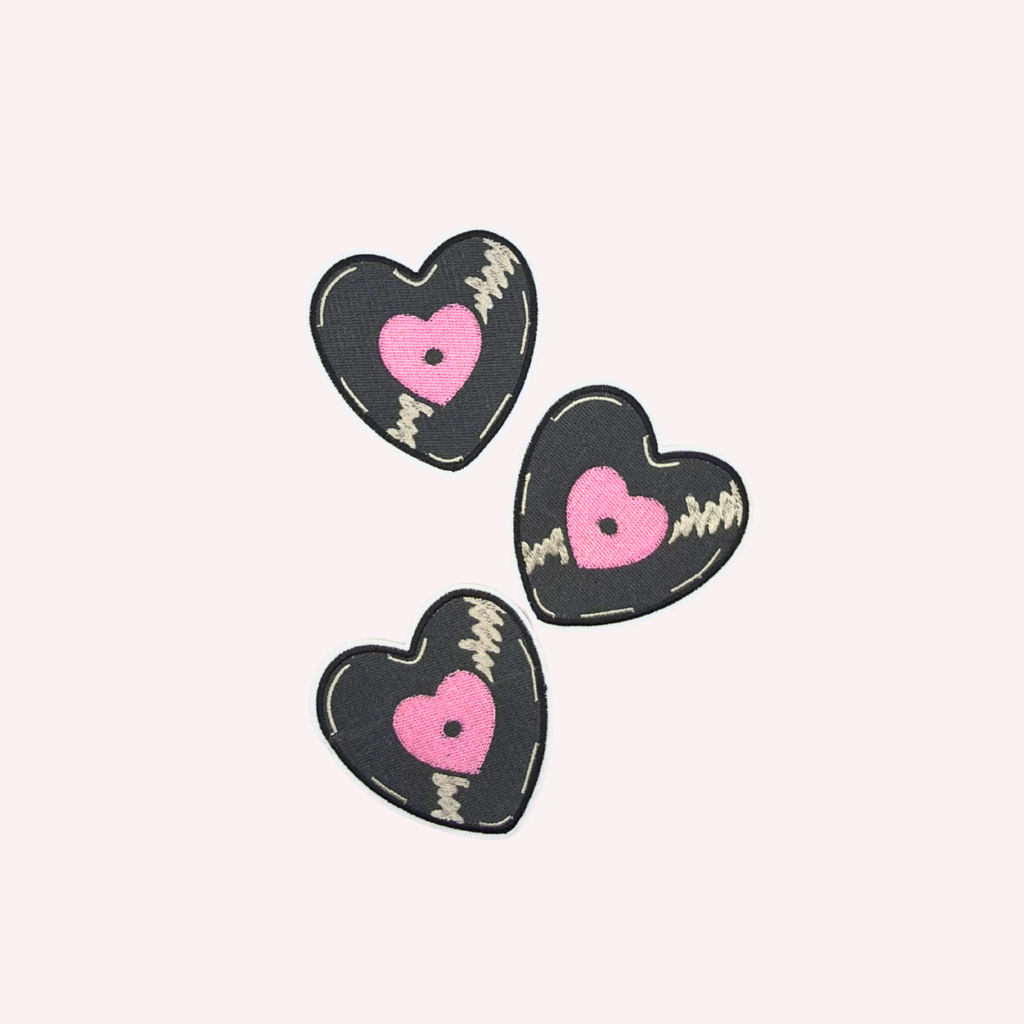 Heart Vinyl Record Embroidered Patch | Pink Heart Center Iron-On Patch | Cute Retro Aesthetic Music Patch | 3 Inch Love Music Applique