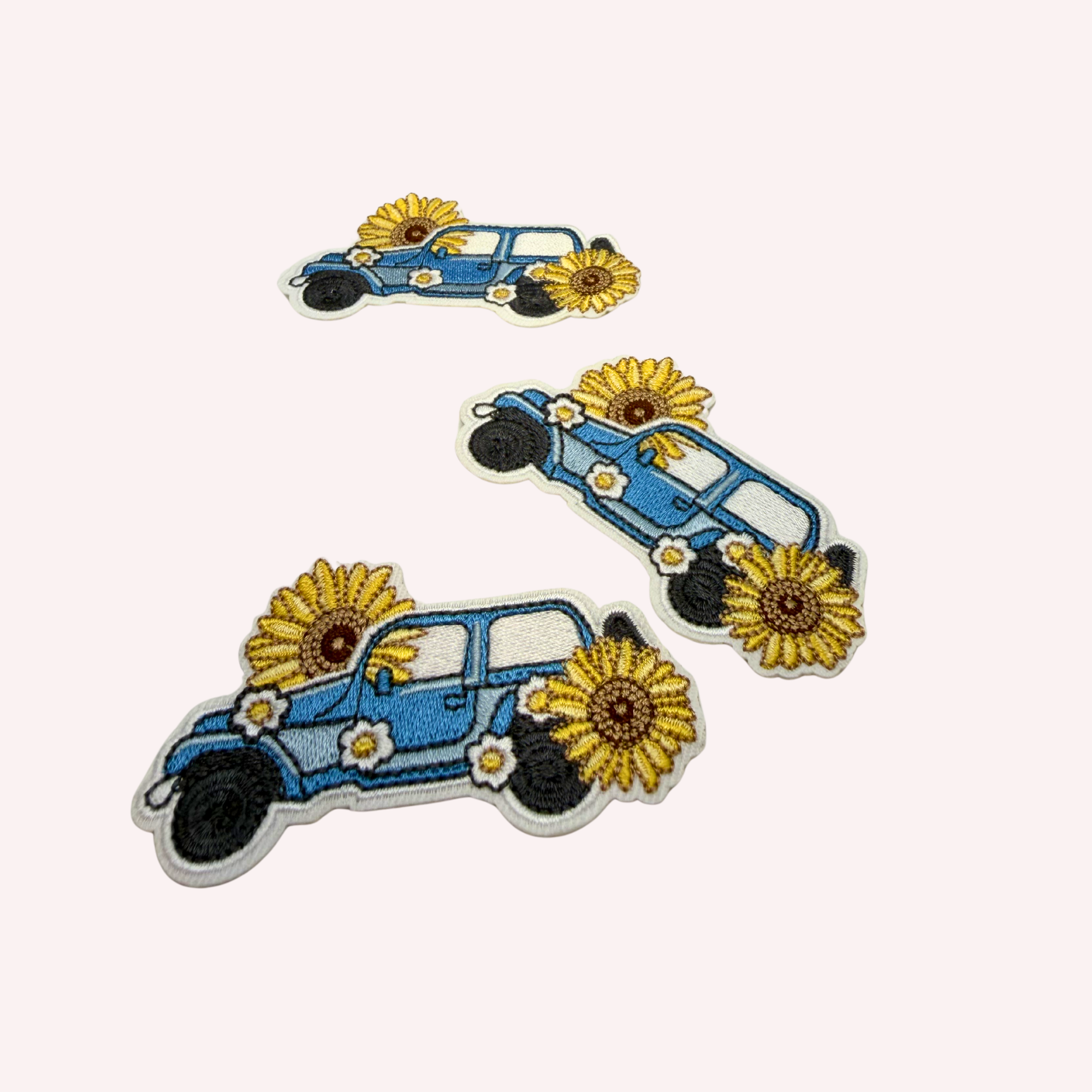 Blue Vintage Car Embroidered Patch | Sunflower Floral Iron-On Patch | Cottagecore Aesthetic Vehicle Applique | 3 Inch Summer Floral Patch