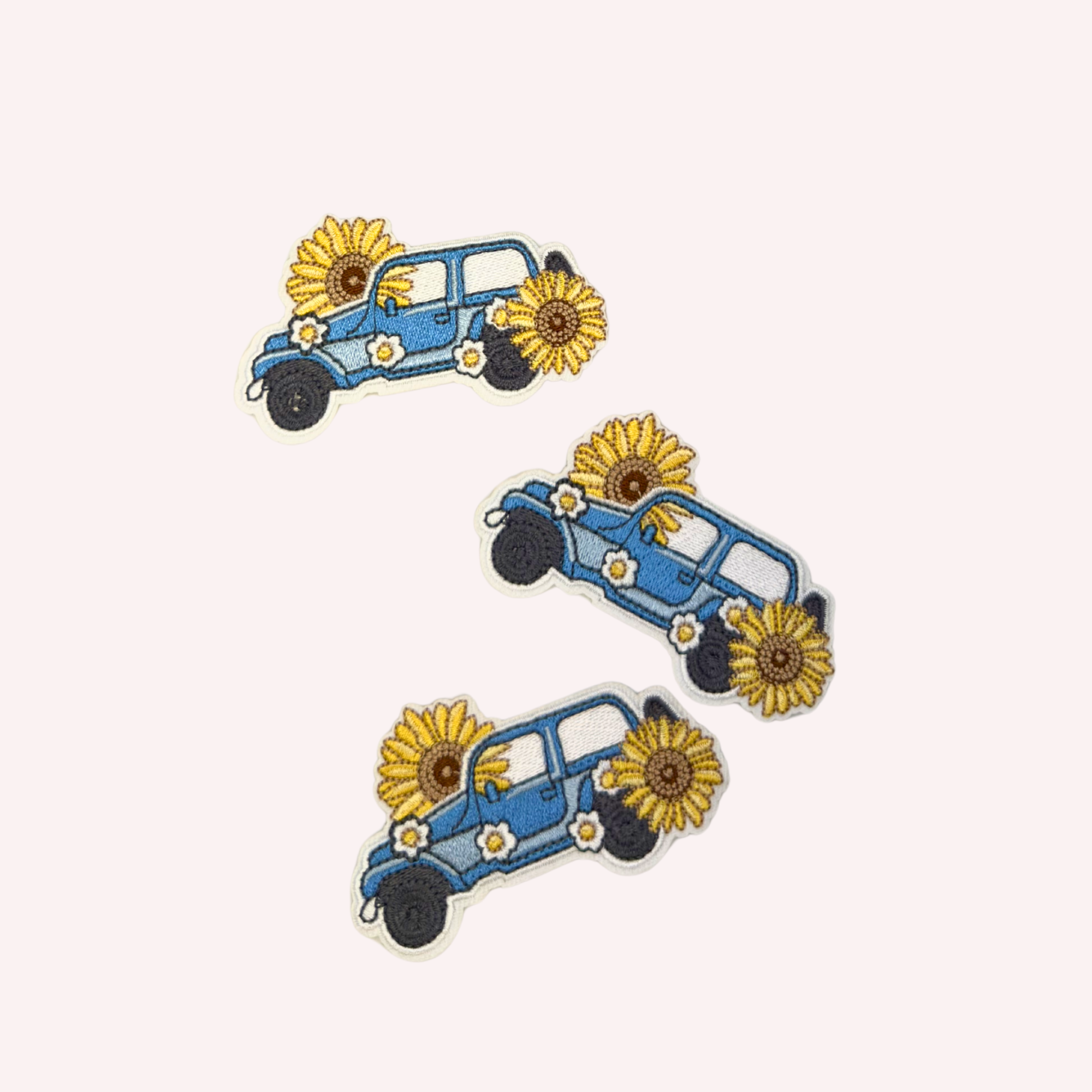 Blue Vintage Car Embroidered Patch | Sunflower Floral Iron-On Patch | Cottagecore Aesthetic Vehicle Applique | 3 Inch Summer Floral Patch