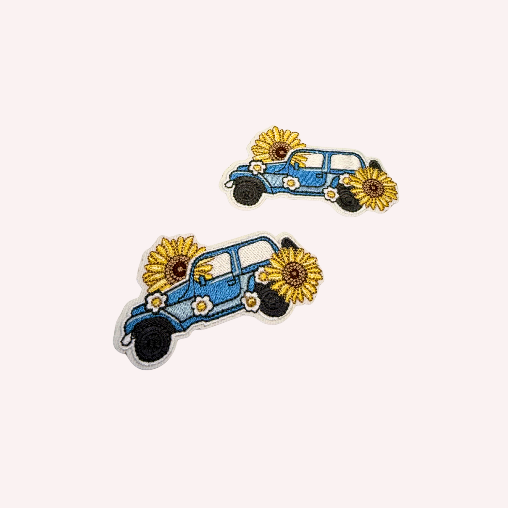 Blue Vintage Car Embroidered Patch | Sunflower Floral Iron-On Patch | Cottagecore Aesthetic Vehicle Applique | 3 Inch Summer Floral Patch