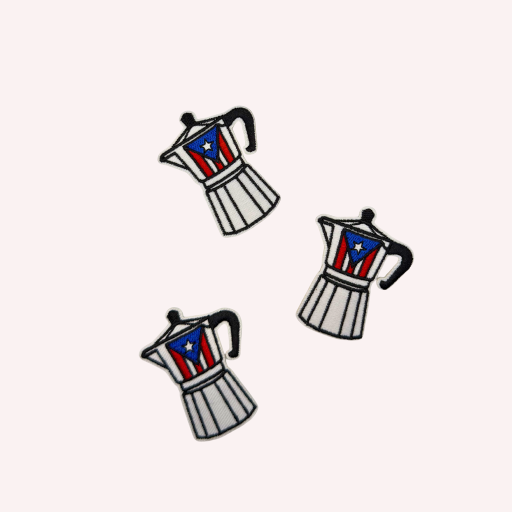 Puerto Rican Cafetera Embroidered Patch | Black & White Coffee Pot Iron-On Patch | Puerto Rico Flag Accent Applique | Cultural Coffee Lover Patch