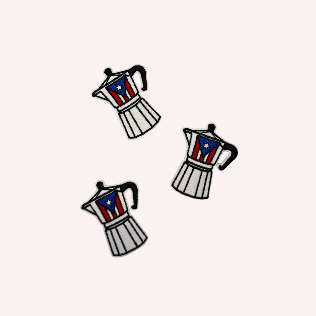 Puerto Rican Cafetera Embroidered Patch | Black & White Coffee Pot Iron-On Patch | Puerto Rico Flag Accent Applique | Cultural Coffee Lover Patch