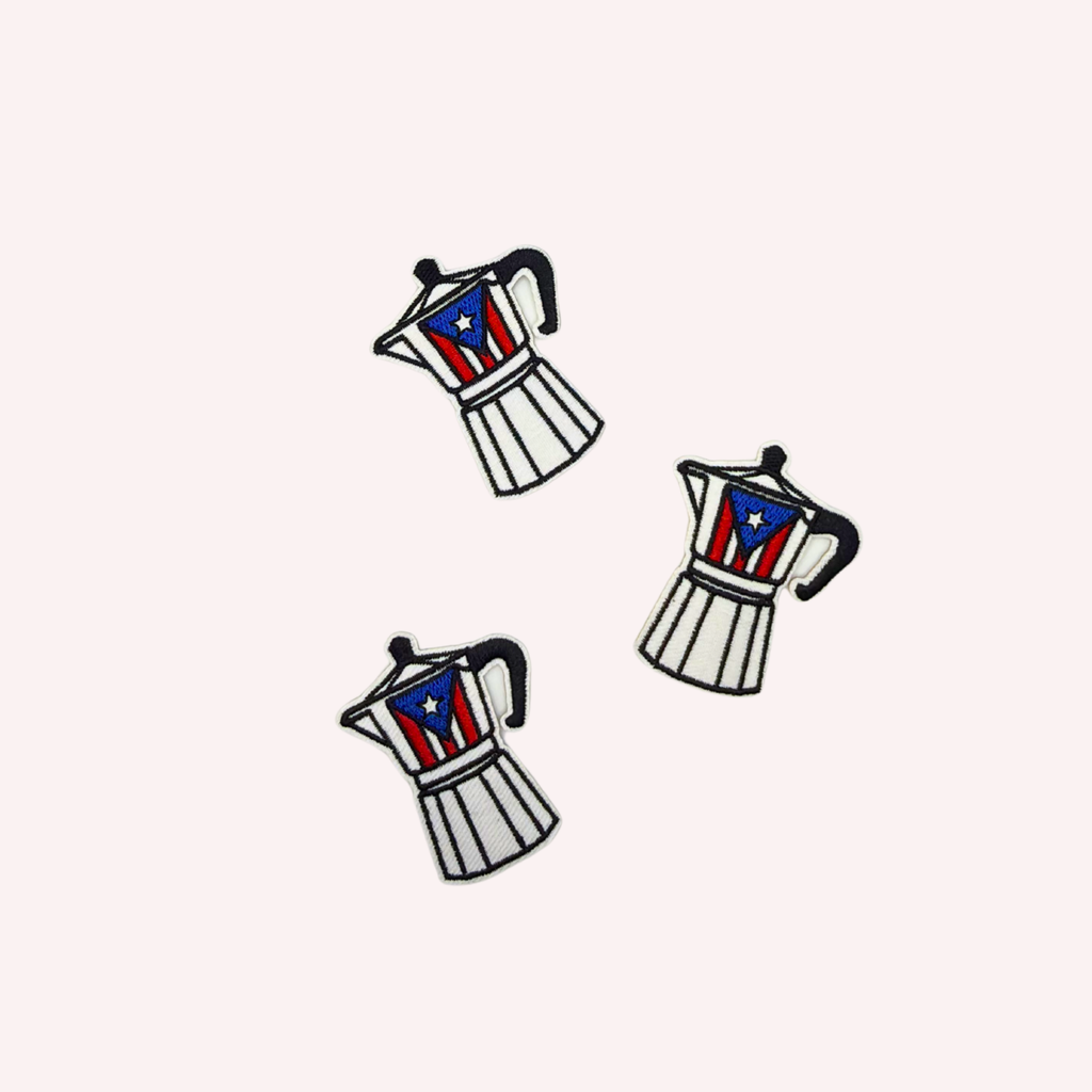 Puerto Rican Cafetera Embroidered Patch | Black & White Coffee Pot Iron-On Patch | Puerto Rico Flag Accent Applique | Cultural Coffee Lover Patch