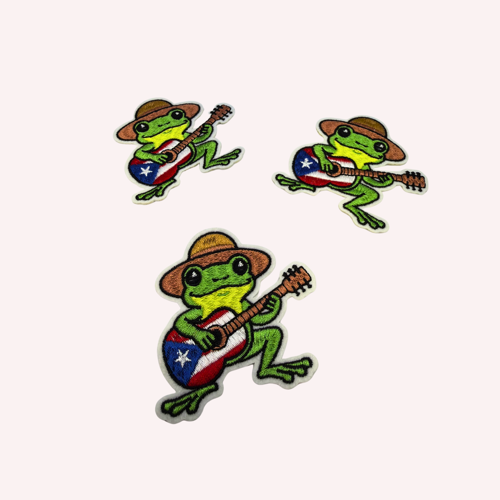 Coquí with Guitar Embroidered Patch | Puerto Rican Jíbaro Hat Iron-On Patch | Cultural Music Frog Applique | 3 Inch Island Pride Design