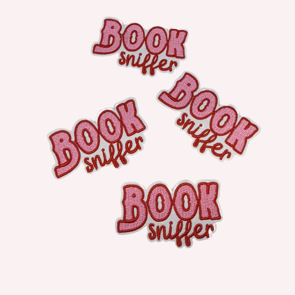 Book Sniffer Iron On Patch | Cute Book Lover Patch | Pink & Red Embroidered Style Patch | Reader Gift  Book Club Accessory