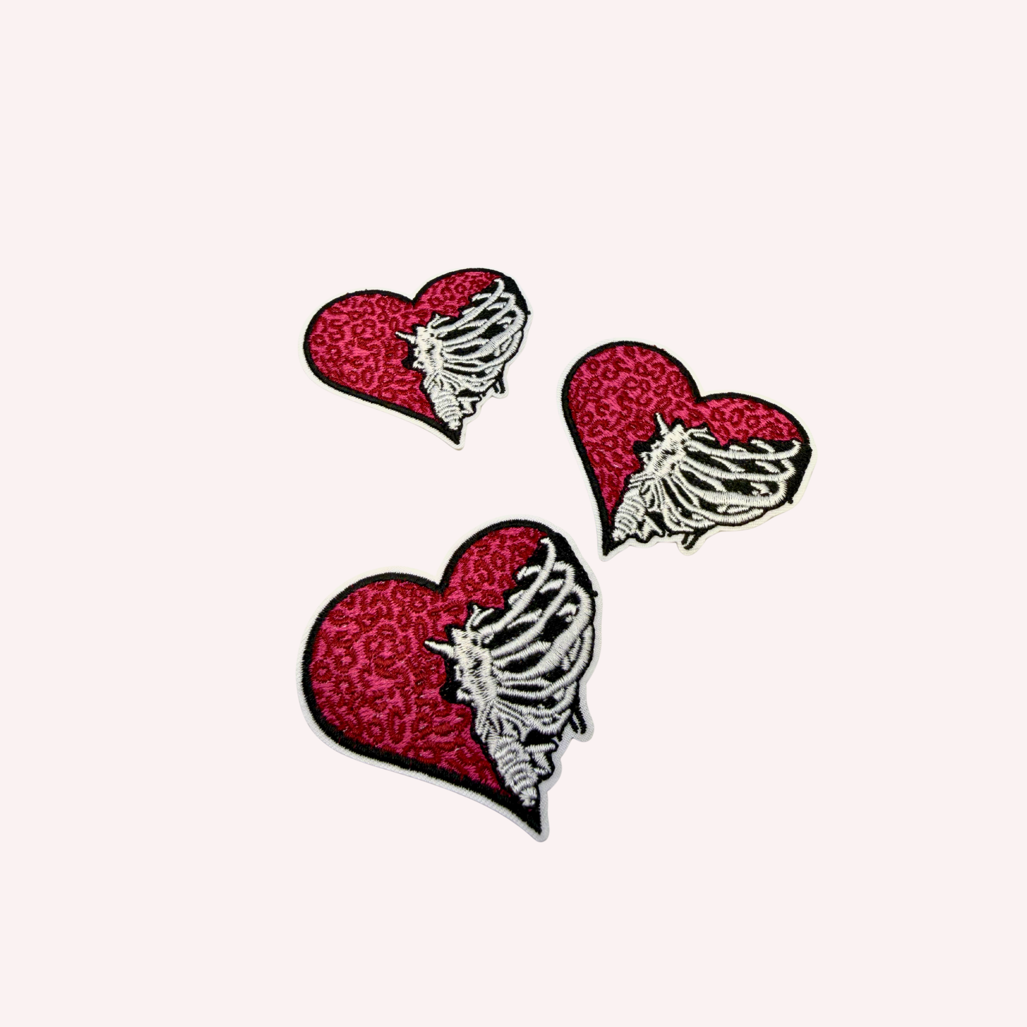 Half Leopard Half Skeleton Heart Embroidered Patch | Pink Animal Print Heart Iron-On Patch | Edgy Gothic Cute Applique | 3 Inch Statement Patch