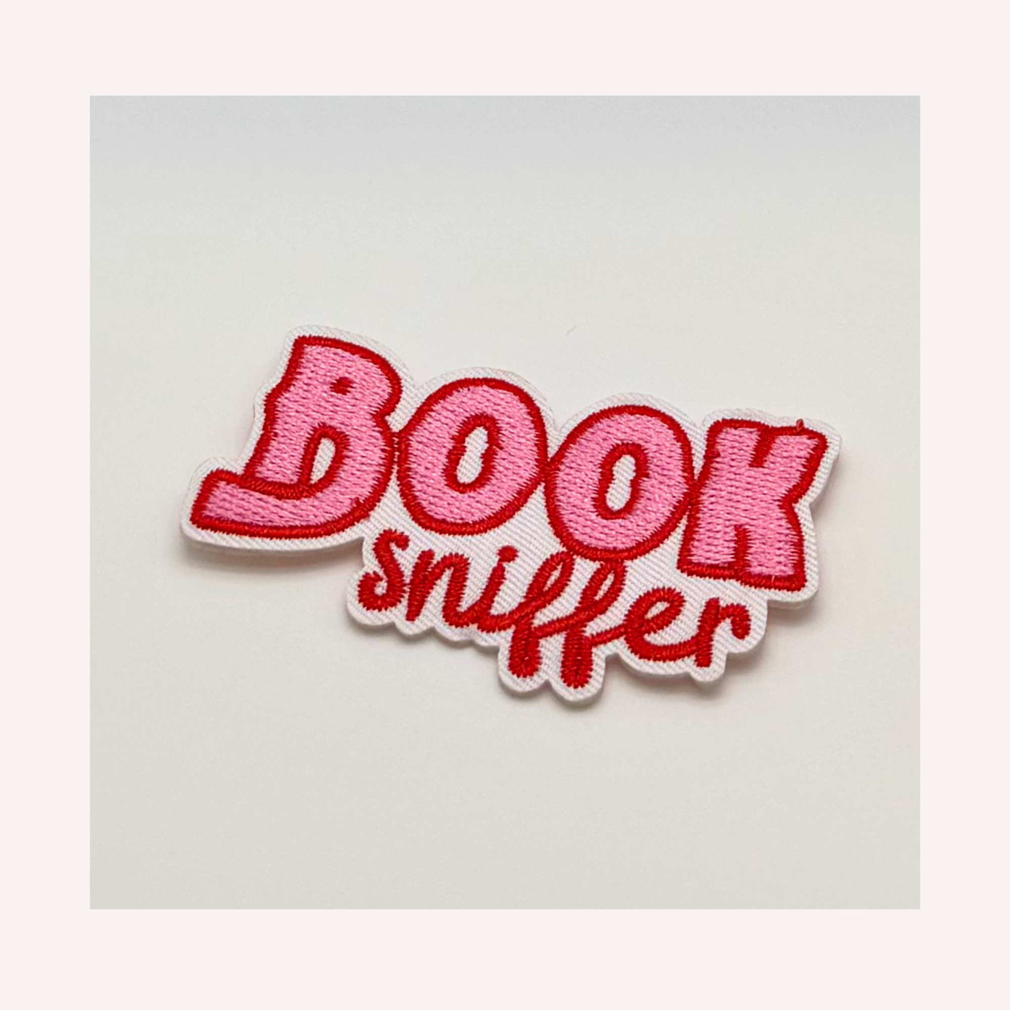 Book Sniffer Iron On Patch | Cute Book Lover Patch | Pink & Red Embroidered Style Patch | Reader Gift  Book Club Accessory