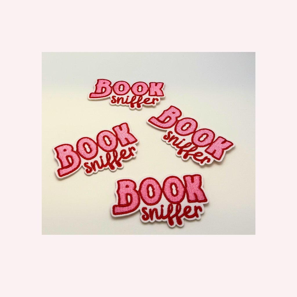Book Sniffer Iron On Patch | Cute Book Lover Patch | Pink & Red Embroidered Style Patch | Reader Gift  Book Club Accessory