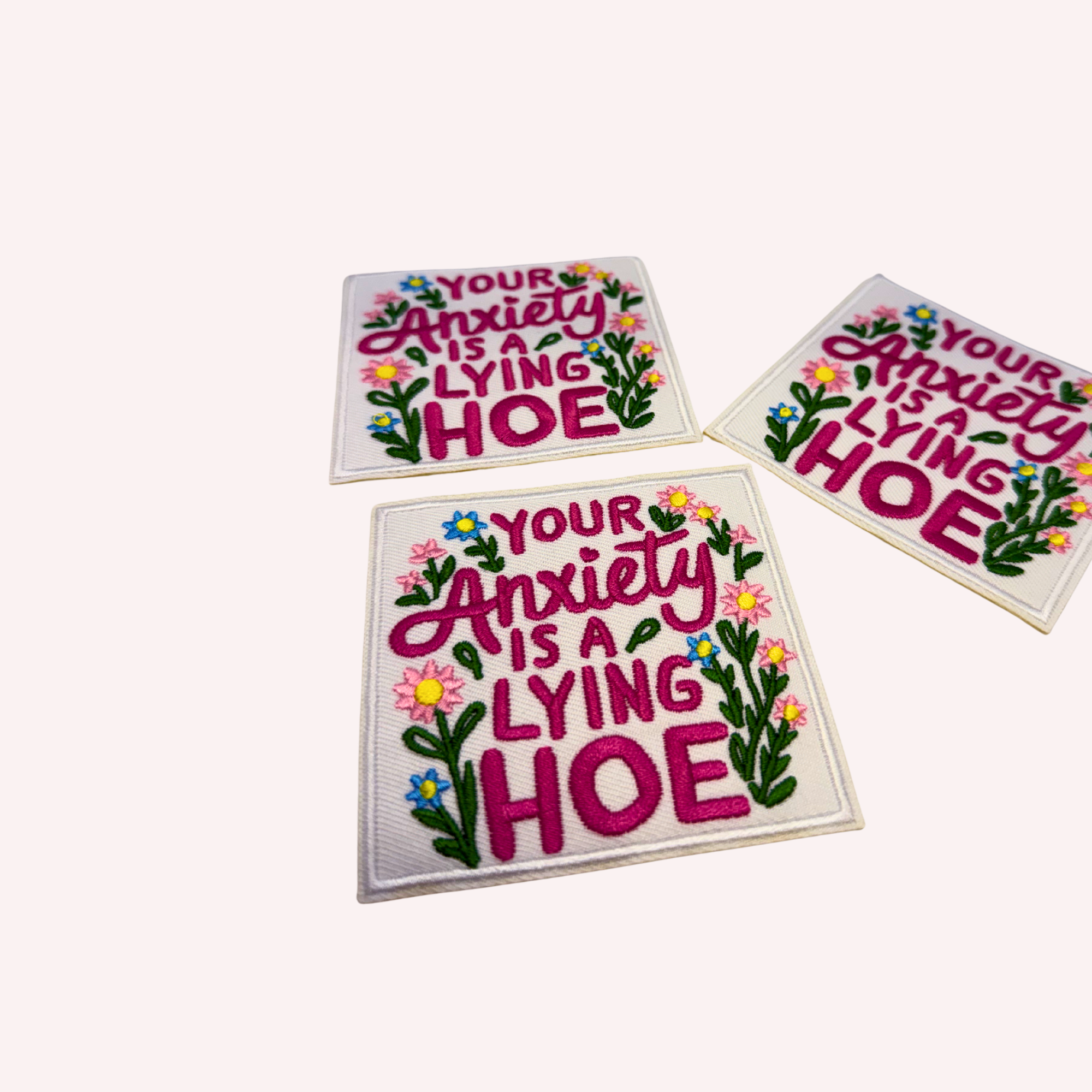 Your Anxiety Is a Lying Hoe Iron On Patch | Funny Mental Health Patch | Floral Pink Patch | Sassy Motivational Patch | Cute Iron On Accessory