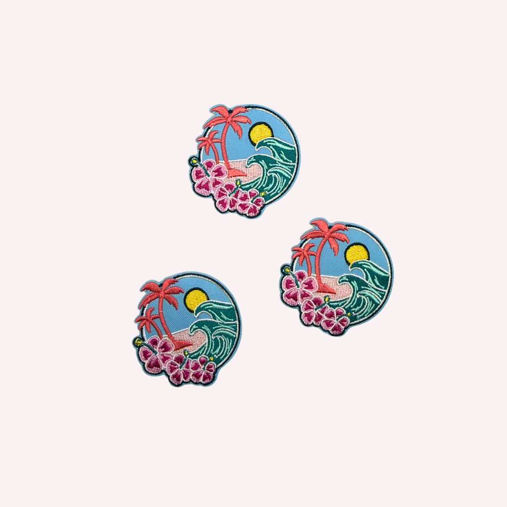 Summer Circle Embroidered Patch | Coral Palm Trees & Ocean Waves Iron-On Patch | Beach Vacation Aesthetic Applique | Tropical Summer Patch
