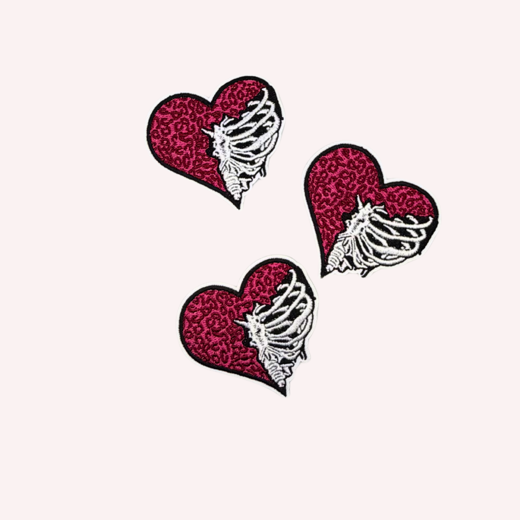 Half Leopard Half Skeleton Heart Embroidered Patch | Pink Animal Print Heart Iron-On Patch | Edgy Gothic Cute Applique | 3 Inch Statement Patch