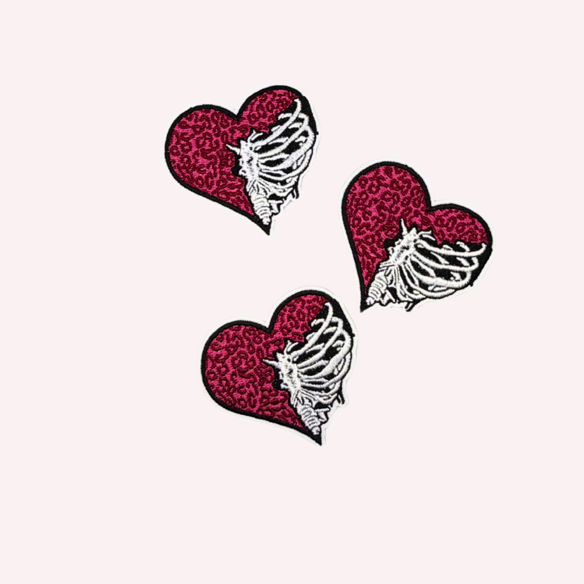 Half Leopard Half Skeleton Heart Embroidered Patch | Pink Animal Print Heart Iron-On Patch | Edgy Gothic Cute Applique | 3 Inch Statement Patch