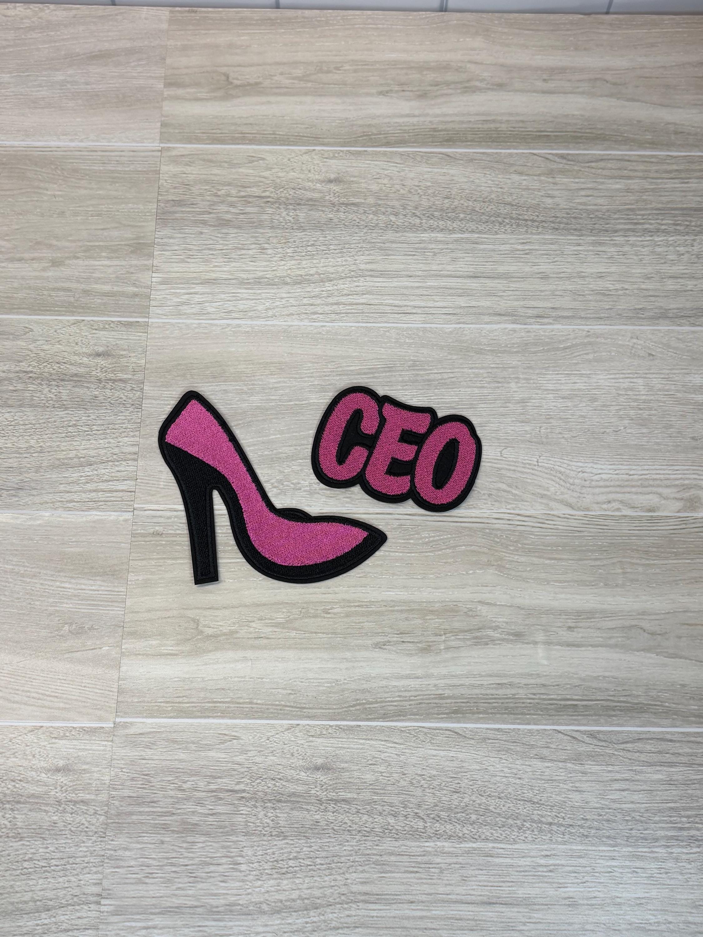 Pink & Black CEO + High Heel Shoe Patch Set | Iron-On Embroidery Duo