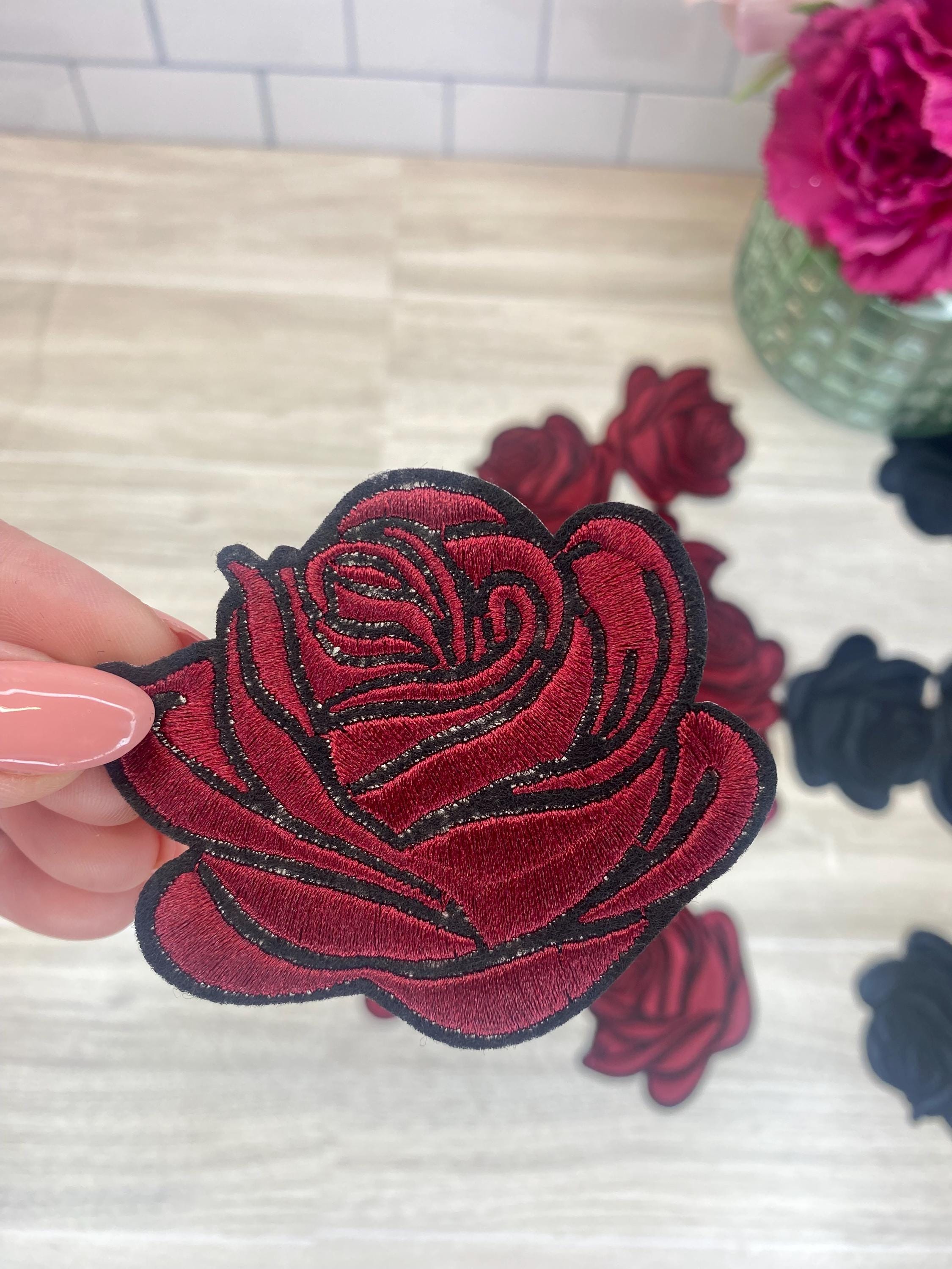 Embroidered Rose Iron On Patch: Black or Burgundy Flower Applique