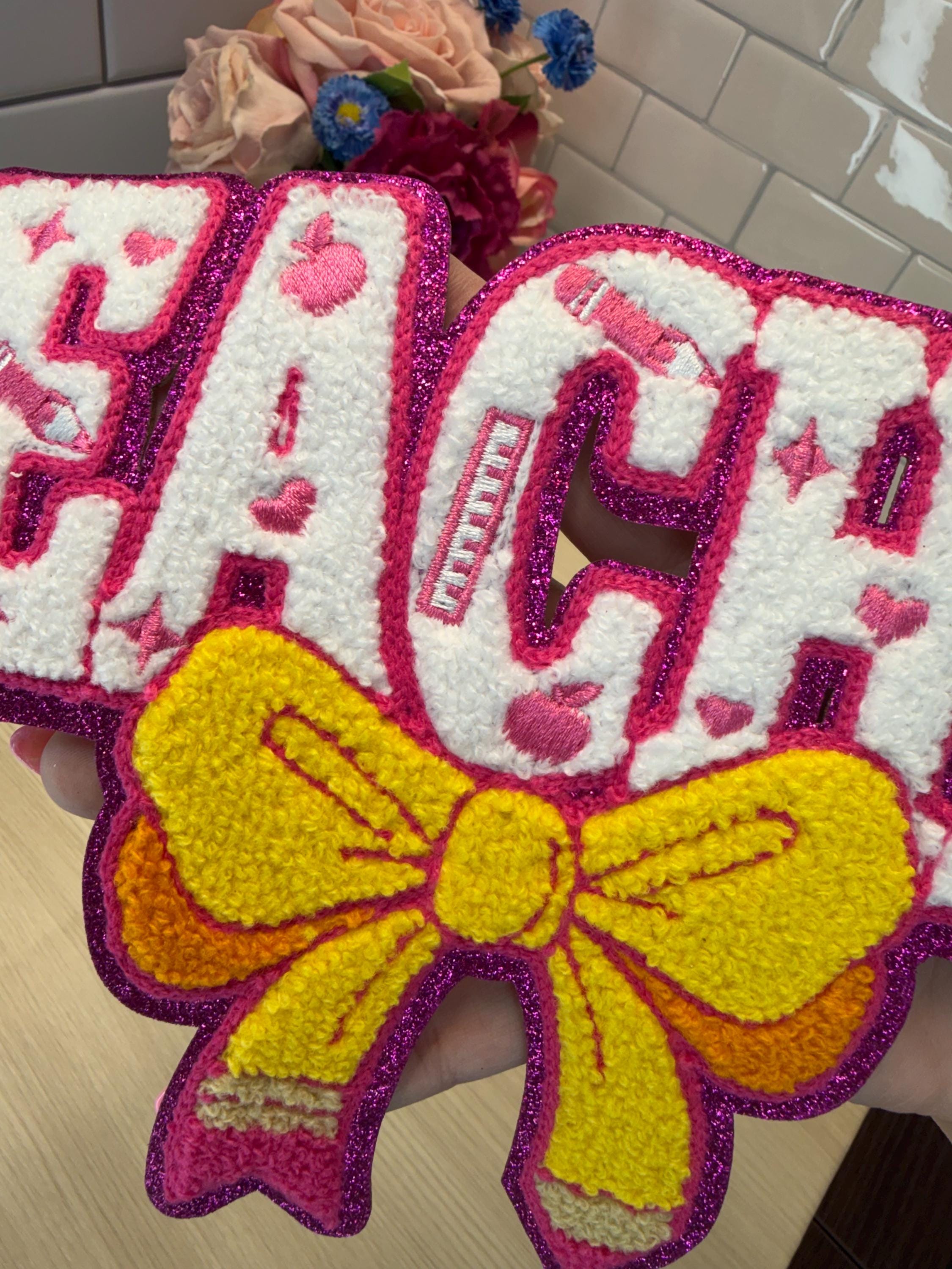Teacher Chenille Iron-On Patch | Pencil Bow Teacher Patch | Back to School Patch | Teacher Jacket Patch | Teacher Gift | Teacher Sweatshirt