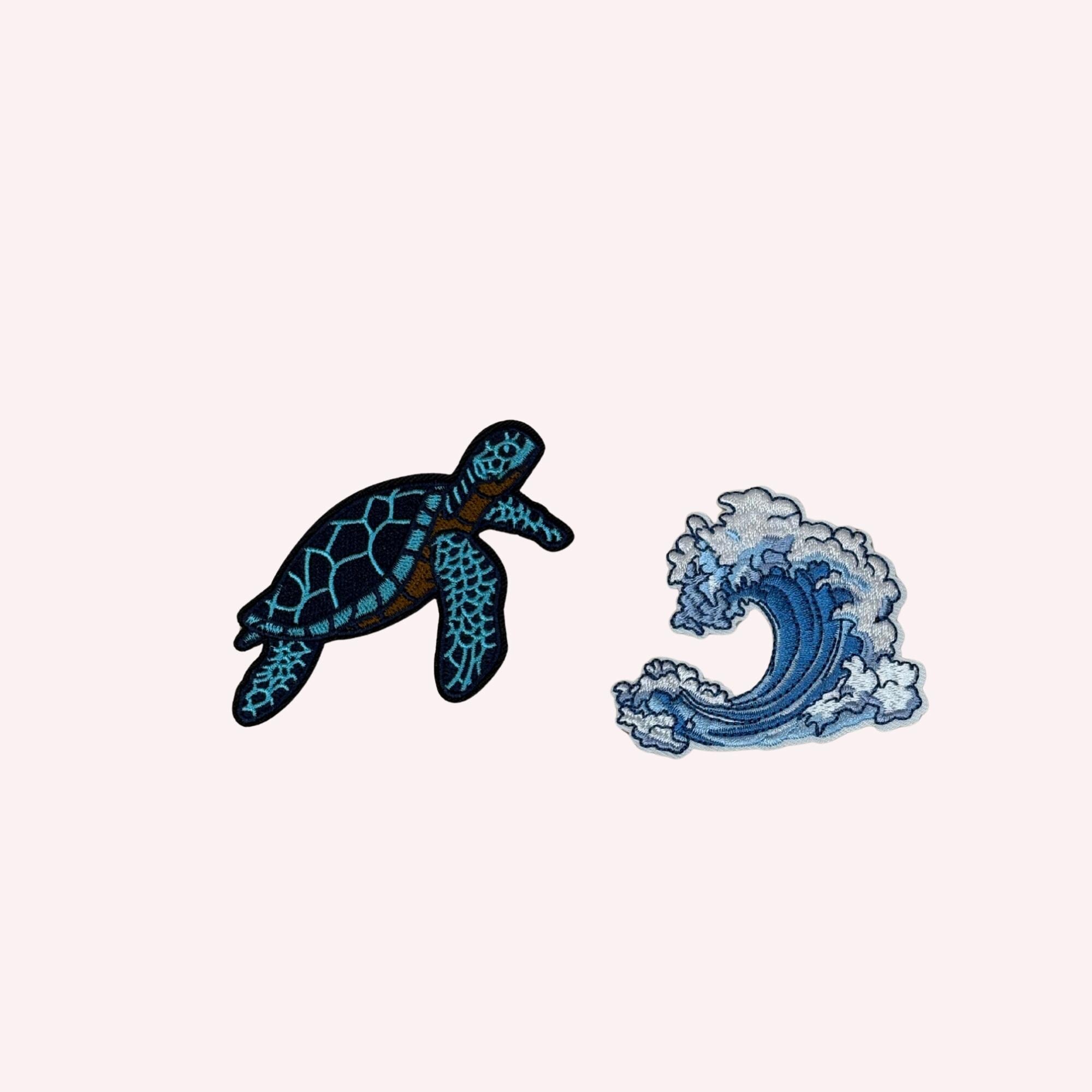 Turtle & Wave Patch Set (2–3.4”) | Ocean-Themed Iron-On Embroidery