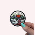 Camping Mountain Patch – Red Sun & Pink River Embroidered Iron-On Patch | Nature Lover Gift | Hiking Aesthetic Badge | Backpack Decor