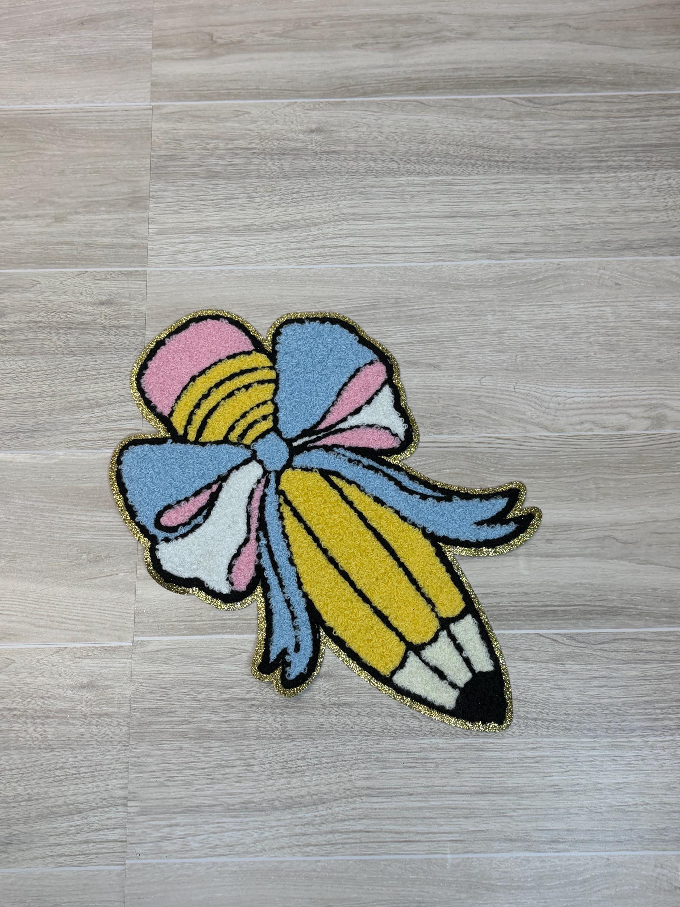 Chenille Pencil Patch with Bow | Large Iron-On Applique (9”)