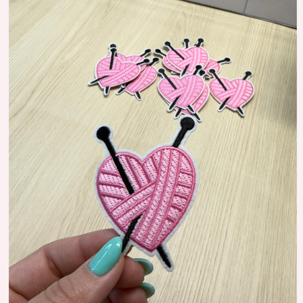 Heart-Shaped Yarn Roll with Knitting Sticks Iron-On Embroidery Patch